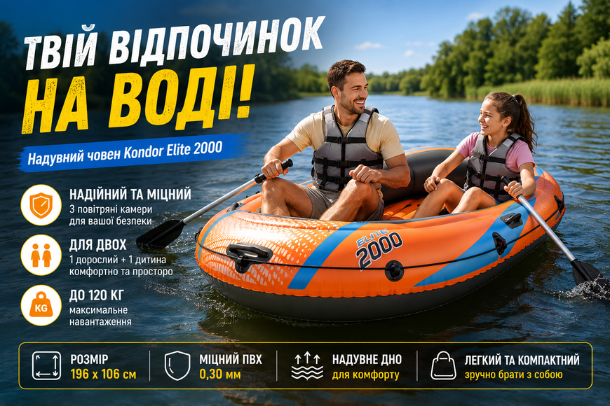 Надувний човен Bestway 61139 Kondor Elite 2000 Hydro Force 196x106 см 3-камерний до 120 кг 61139 фото