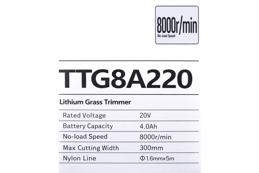 Акумуляторний тример TTG 8A220 20V, 4Ah, 300 мм, електрокоса для трави, садовий тример з акумулятором і зарядним пристроєм TTG-SF-010 фото