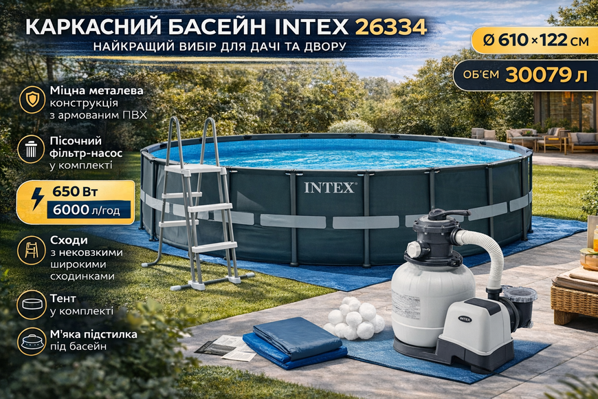 Каркасний басейн Intex 26334, 610х122 см, 30079 л, пісочний фільтр-насос, сходи, тент, підстилка 26334 фото