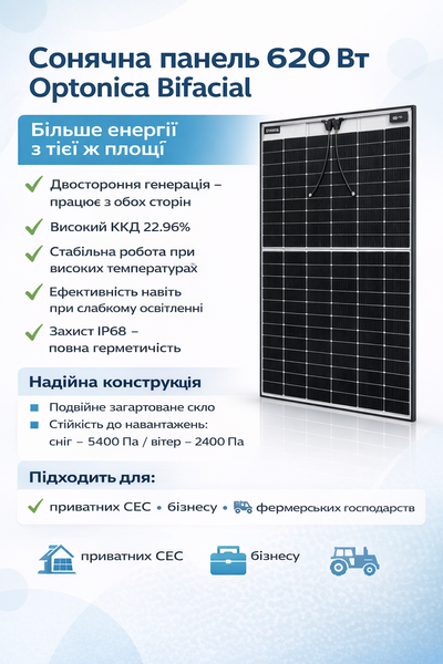 Сонячна панель двостороння Optonica OSDA N-Type Topcon 620 Вт (41.46V, 14.96A), Bifacial 46218 фото