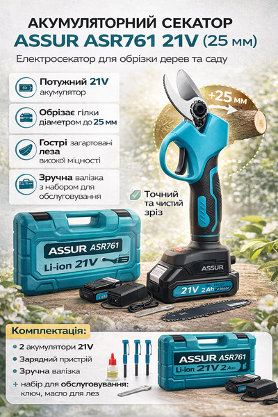 Аккумуляторный секатор ASSUR ASR761 21V (25 мм) &mdash; профессиональный электрический секатор для обрезки деревьев и сада ASR761/МК фото