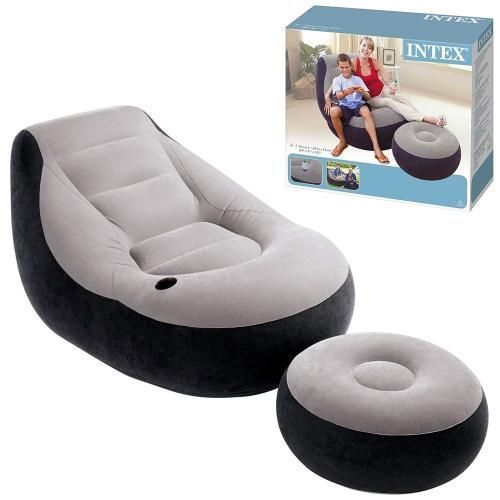 Надувное велюровое кресло Intex Ultra Lounge 68564 с пуфом, держателем для напитков, черно-серое 68564 фото