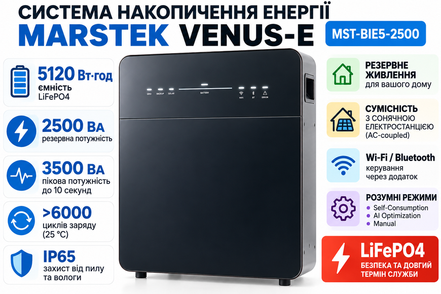 Система накопичення енергії MARSTEK VENUS-E MST-BIE5-2500 5120 Вт&middot;год 2500 Вт LiFePO4 5-2500 фото