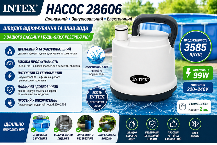 Насос дренажний Intex 28606 занурювальний 3585 л/год 99W 28606 фото
