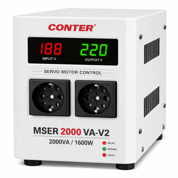 Стабілізатор напруги Conter MSER 2000 VA-V2/1600W однофазний, сервопривід, монтажу підлоги, LED дисплей, діапазон130-260V, AC230&plusmn;3%, 2*Shuko, 5.2kg, Q2 MSER 2000 VA-V2 фото