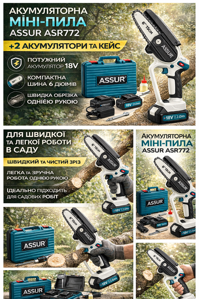 Аккумуляторная мини-цепная пила ASSUR ASR772 18V с шиной 6&Prime;, 2 аккумулятора, кейс &mdash; компактная электропила для обрезки деревьев ASR772/МК фото