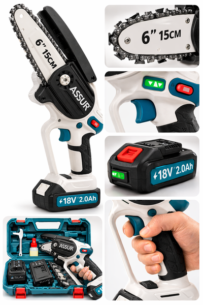 Аккумуляторная мини-цепная пила ASSUR ASR772 18V с шиной 6&Prime;, 2 аккумулятора, кейс &mdash; компактная электропила для обрезки деревьев ASR772/МК фото