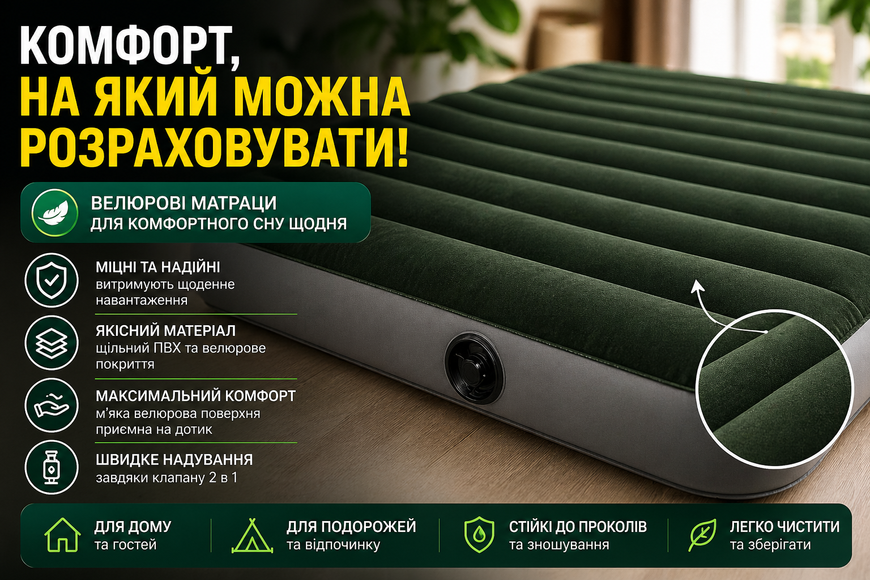 Надувний велюровий матрац Intex 64762 з вбудованим насосом 137&times;191&times;25 см, двоспальний, до 272 кг 64762 фото