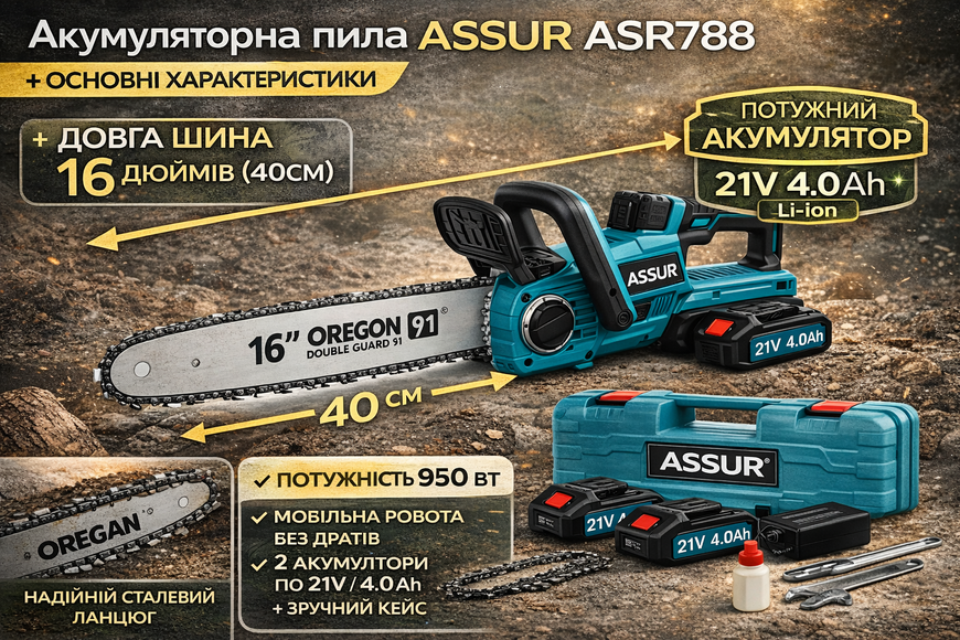 Мощная аккумуляторная цепная пила ASSUR ASR788 21V с шиной 16&Prime; (40 см), 2 аккумулятора, кейс &mdash; профессиональная электропила для сада и заготовки дров ASR788/МК фото