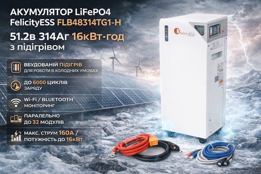 Акумулятор LiFePO4 FelicityESS FLB48314TG1-H 51.2V 314Ah 16kWh (з підігрівом, BMS 160A, IP65, CAN/RS485) 44057 фото