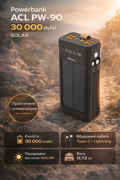 Powerbank ACL PW-90 30000mAh, SOLAR, Кабель TypeC + Lighting, 0,72kg, Black, Box 37712 фото