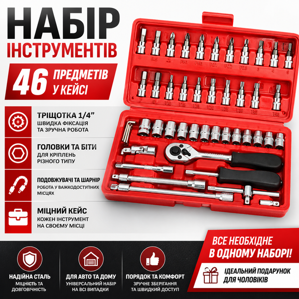 Набір інструментів 46 предметів з тріскачкою та насадками 1/4" у кейсі 46-24T-R червоний 14690/MG фото