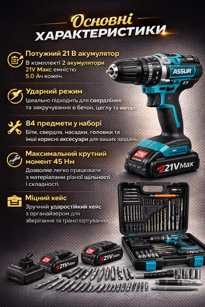 Акумуляторний ударний шуруповерт ASSUR ASR131 21V, набір інструментів 84 предмети у кейсі, дриль-шуруповерт з 2 акумуляторами ASR131/МК фото