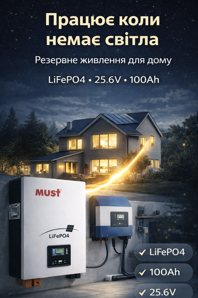 Акумуляторна батарея Must LiFePO4 25.6V 100Ah ( 450 x 400 x 140 ), 23kg, монтаж на стіну LP16-24100 фото