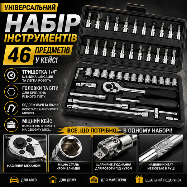 Набір інструментів 46 предметів з тріскачкою 1/4" у кейсі 46-24T-B чорний 4809/GR фото