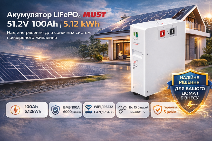 Аккумулятор LiFePO4 MUST LP16-48100 51.2V 100Ah 5.12kWh, BMS 100A, CAN/RS232/RS485, настенный 32862 фото