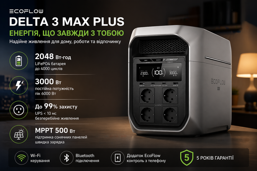 Портативная зарядная станция EcoFlow DELTA 3 Max Plus 2048Wh 3000W LiFePO4, UPS, MPPT 500W, Wi-Fi, Bluetooth 46285 фото