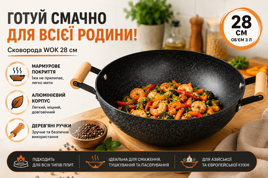 Сковорода WOK 28 см з мармуровим антипригарним покриттям та дерев'яними ручками Hot Chef 16749-14 122852 фото