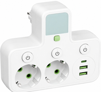 Мережевий фільтр-розгалужувач з нічником, 2 розетки EU, 2 USB + Type-C, 2500 Вт, 10 А, із заземленням та окремими вимикачами, білий 0257/МК фото