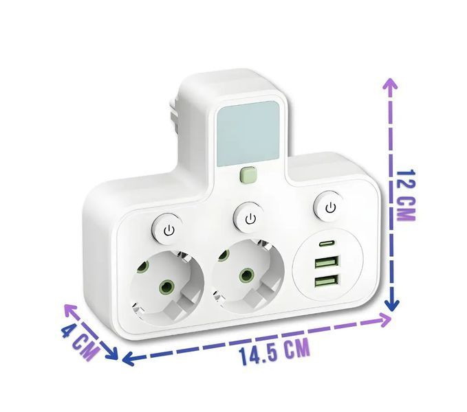 Мережевий фільтр-розгалужувач з нічником, 2 розетки EU, 2 USB + Type-C, 2500 Вт, 10 А, із заземленням та окремими вимикачами, білий 0257/МК фото