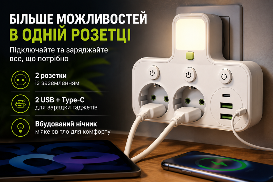 Мережевий фільтр-розгалужувач з нічником, 2 розетки EU, 2 USB + Type-C, 2500 Вт, 10 А, із заземленням та окремими вимикачами, білий 0257/МК фото