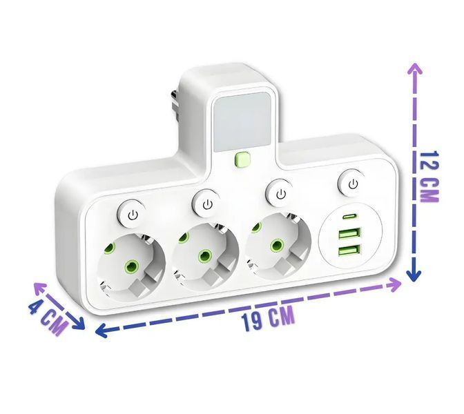 Мережевий фільтр-розгалужувач J24U з нічником, 3 розетки EU, 2 USB + Type-C, 2500 Вт, із заземленням та окремими вимикачами 0256/МК фото