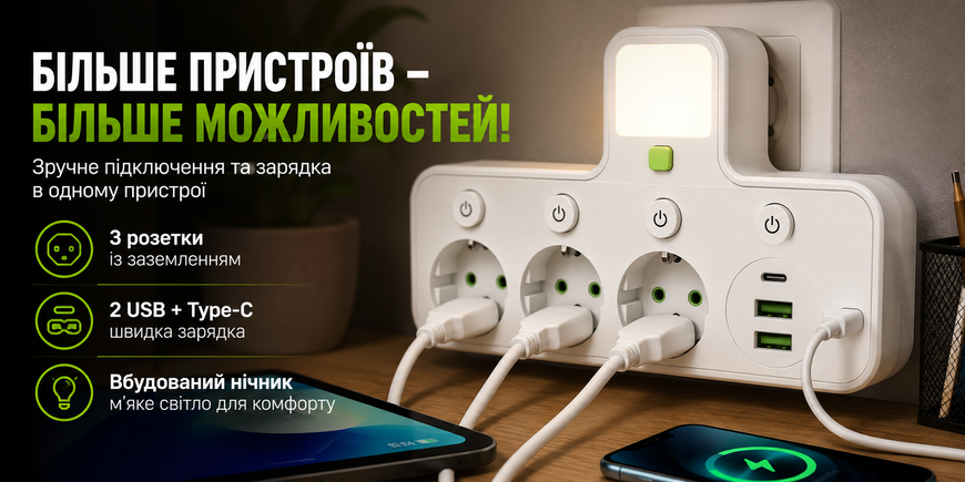 Мережевий фільтр-розгалужувач J24U з нічником, 3 розетки EU, 2 USB + Type-C, 2500 Вт, із заземленням та окремими вимикачами 0256/МК фото
