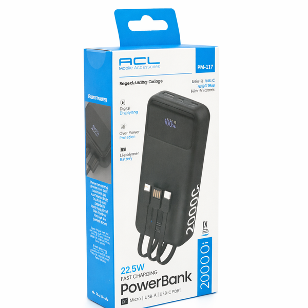 Powerbank ACL PW-117 20000mAh, PD22.5W, 1xUSB+2xUSB-C, 3 кабеля(USBType-C/Lighting), 0.47кг, Black/White, Box 45611 фото