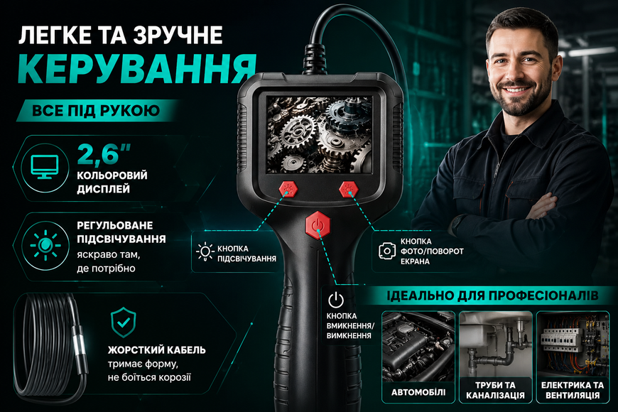 Ендоскоп з екраном 5 м HD1080P 2600 мАг промисловий IP68 з підсвічуванням та камерою 7 мм СА-6604 фото