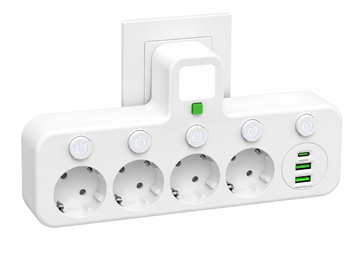 Мережевий адаптер 8625UL з нічником, 4 розетки EU, 2 USB + USB-C PD, 2500 Вт, із заземленням та індивідуальними вимикачами 17559/MG фото