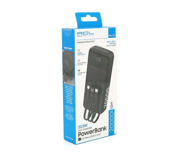 Powerbank ACL PW-117 20000 mAh PD 22.5W з кабелями USB-C/Lightning чорний 45611 фото