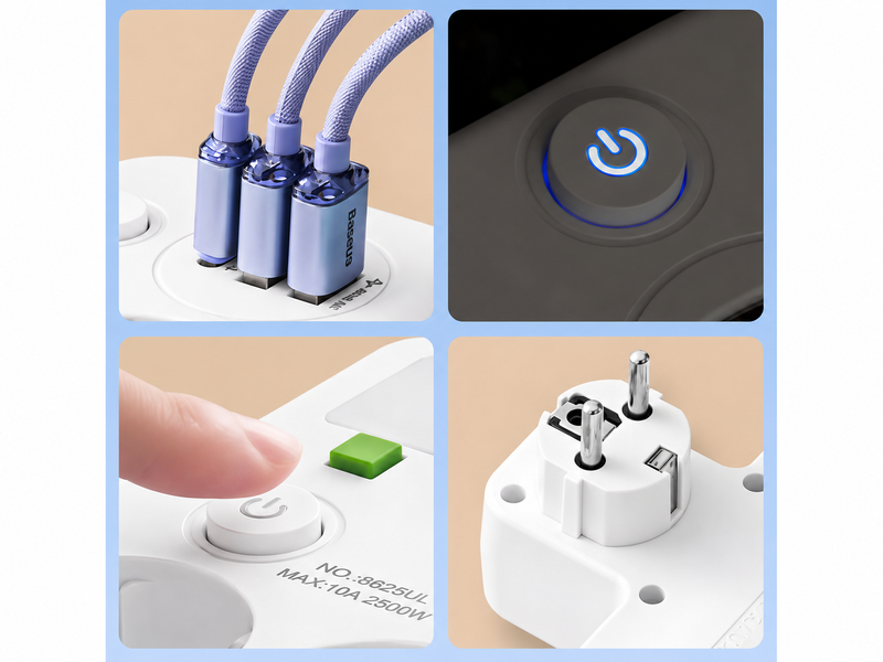 Мережевий адаптер 8625UL з нічником, 4 розетки EU, 2 USB + USB-C PD, 2500 Вт, із заземленням та індивідуальними вимикачами 17559/MG фото