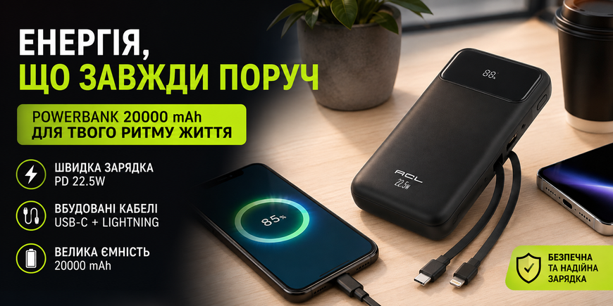 Powerbank ACL PW-117 20000 mAh PD 22.5W з кабелями USB-C/Lightning чорний 45611 фото