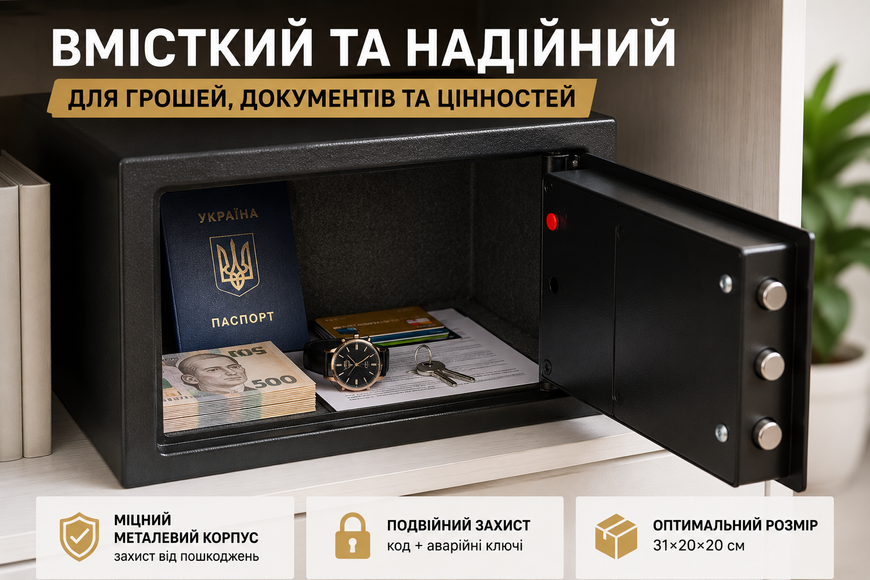 Сейф металлический T20 31&times;20&times;20 см с электронным кодовым и ключевым замком для денег и документов 122267 фото