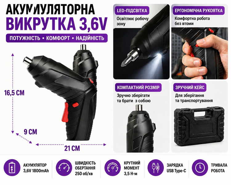 Набір акумуляторної викрутки TD-47, 47 предметів у пластиковому кейсі, 3.6V, Li-Ion, 1800 mAh 15981/MG фото