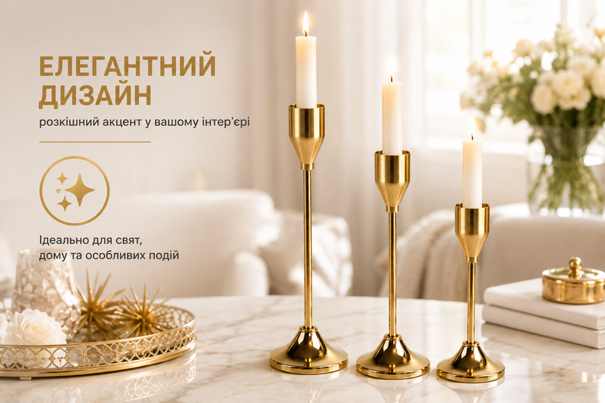 Набір металевих підсвічників для столових свічок 3 шт золотий 415-4 124687 фото