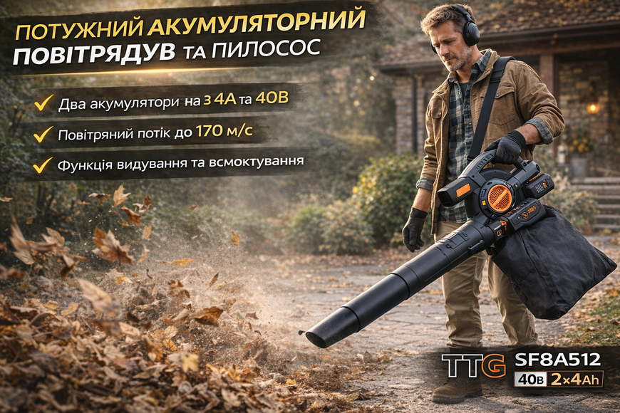 Пилосос садовий / повітродув акумуляторний TTG SF8A512, 40В (2&times;4Ah), 2 АКБ, зарядний пристрій, функція всмоктування і видування TTG-SF-004 фото