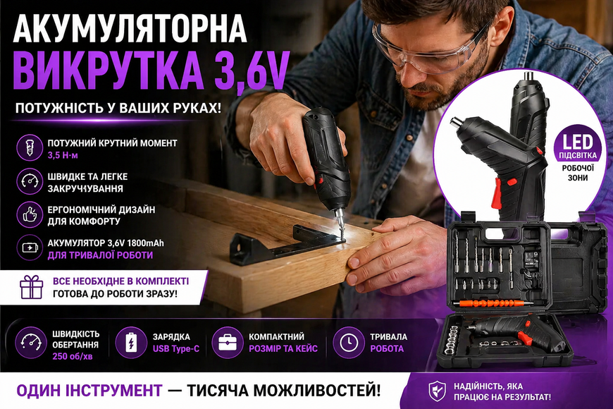 Набір акумуляторної викрутки TD-47, 47 предметів у пластиковому кейсі, 3.6V, Li-Ion, 1800 mAh 15981/MG фото