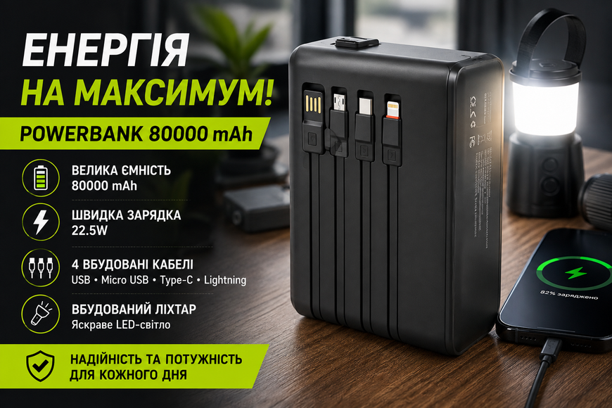 Powerbank ACL PW-152 80000 mAh 22.5W з 4 кабелями та ліхтарем чорний 45947 фото
