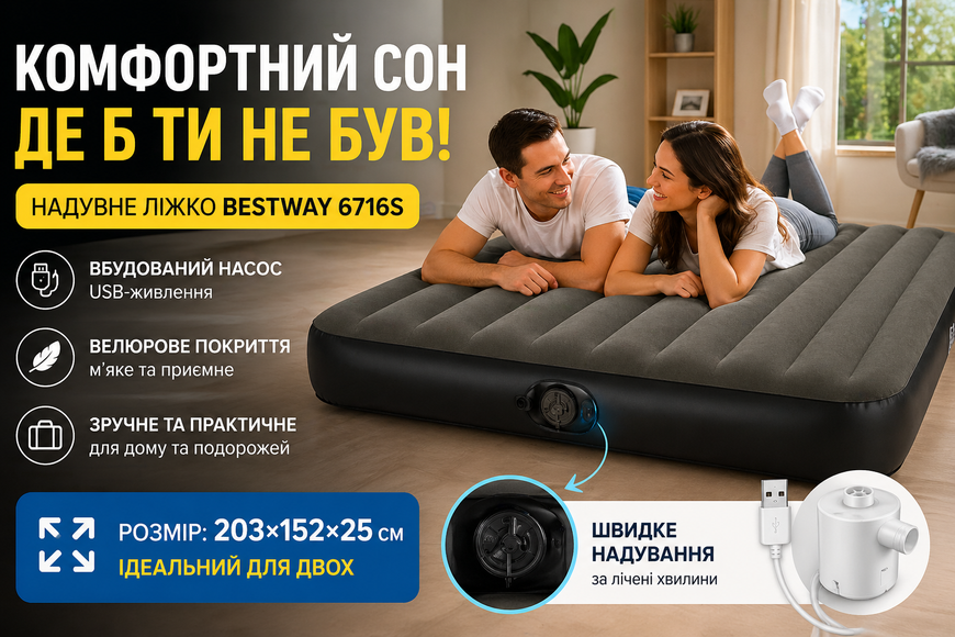Надувне ліжко Bestway 6716S з вбудованим насосом та USB кабелем 203&times;152&times;25 см 6716S фото