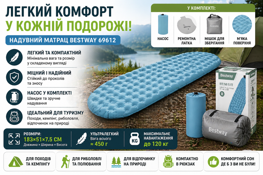 Туристичний надувний матрац Bestway 69612 з насосом, ремонтним набором та чохлом 183&times;51&times;7.5 см 69612 фото
