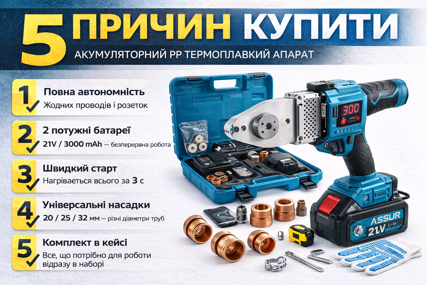 Аккумуляторный PP термоплавкий аппарат ASSUR ASR915 21V, 2 АКБ 3000 mAh, насадки 20&ndash;32 мм, кейс, паяльник для полипропиленовых труб ASR915/МК фото