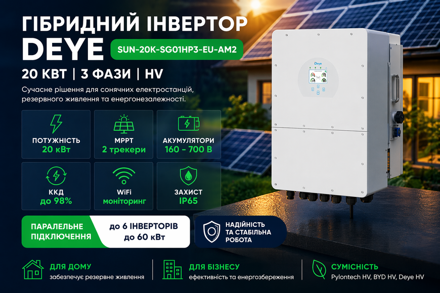 Инвертор Deye SUN-20K-SG01HP3-EU-AM2 20 кВт (3 фазы, HV) SUN-20K-SG01HP3-EU-AM2 HV фото