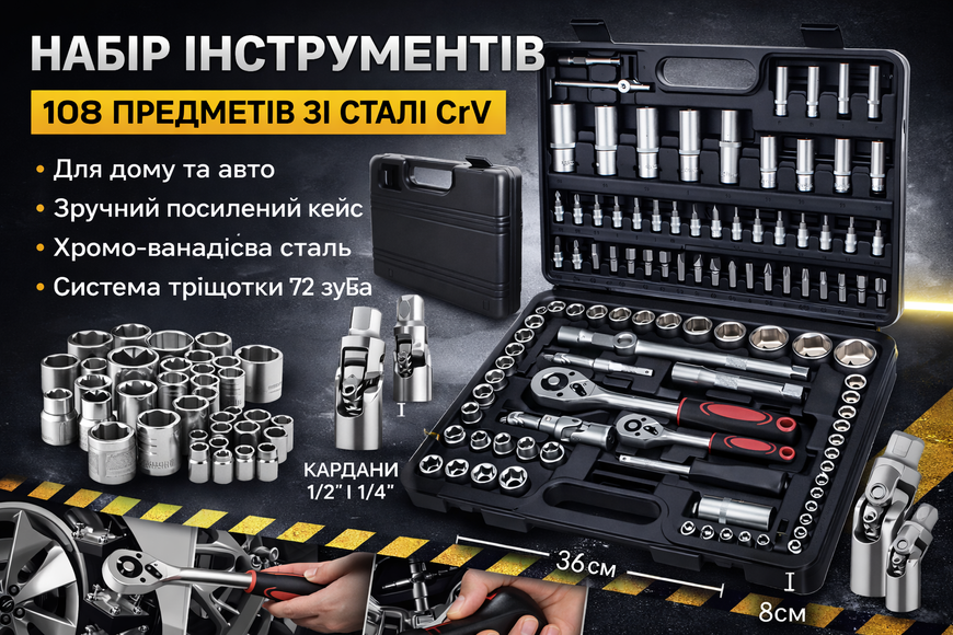 Набір інструментів108 предметів у посиленому кейсі (чорний) 12391/МК фото