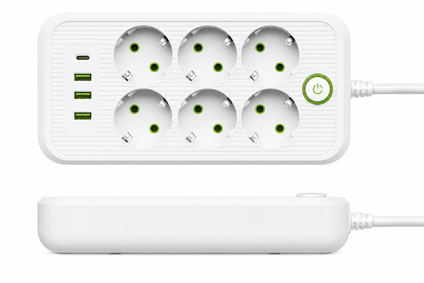 Мережевий подовжувач на 6 розеток із заземленням, 3 USB-A та USB-C, кабель 3 м, 2500 Вт, чорний 1222-1-Бел/VEN фото