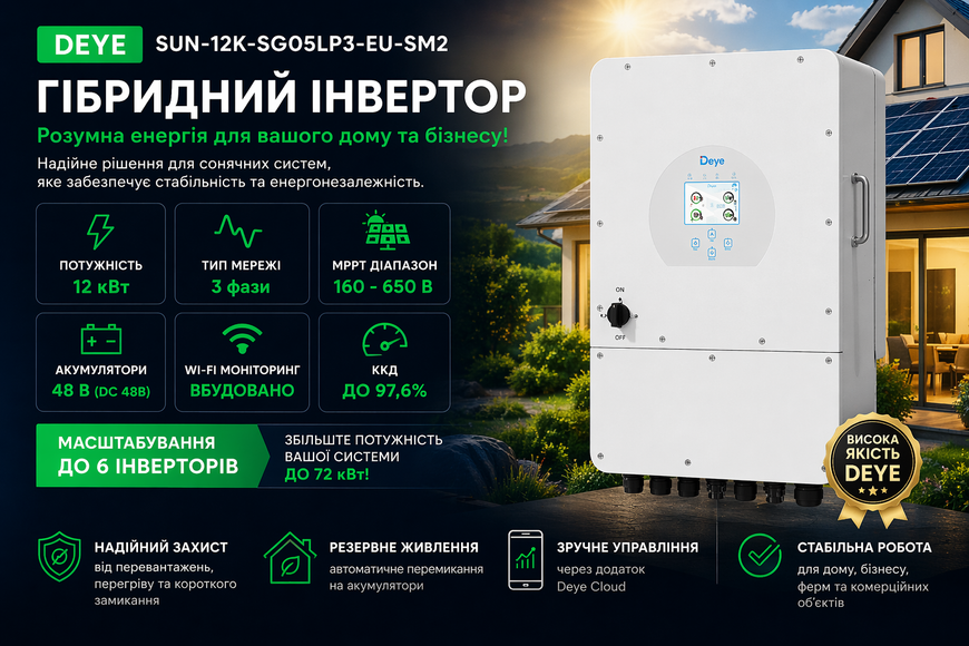 Інвертор Deye SUN-12K-SG05LP3-EU-SM2 12 кВт (3 фази, WiFi) SUN-12K-SG05LP3-EU-SM2 фото