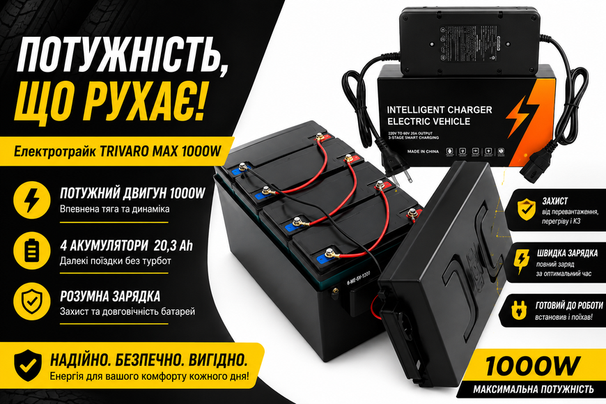 Електротрайк TRIVARO MAX 1000W з багажником, пасажирськими сидіннями та амортизацією, чорний 0269/МК фото