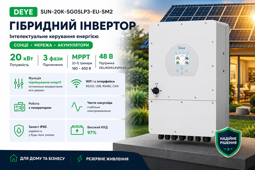Инвертор Deye SUN-20K-SG05LP3-EU-SM2 20 кВт (3 фазы, WiFi) SUN-20K-SG05LP3-EU-SM2 фото