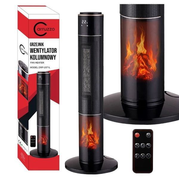 Керамічний колонний тепловентилятор Carruzzo DRP-2071C 2000W з імітацією каміна та пультом ДУ, чорний 0218/МК фото