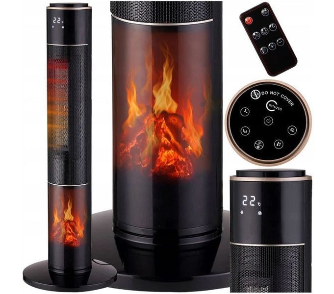 Керамічний колонний тепловентилятор Carruzzo DRP-2071C 2000W з імітацією каміна та пультом ДУ, чорний 0218/МК фото